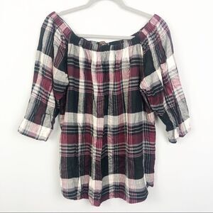 RENEE C. | Plaid Off the Shoulder Top Burgundy L